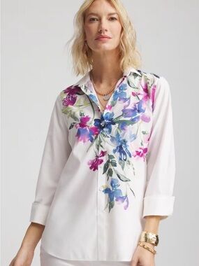 Chico's No Iron Floral Button Down Shirt White Size 0 / 4.3/4 Cuffed Sleeve